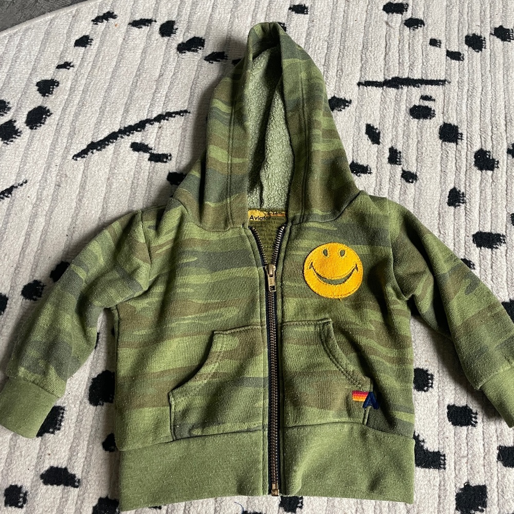 Aviator Nation Kids Smiley Face Full Zip Hoodie Green Camo Made In USA